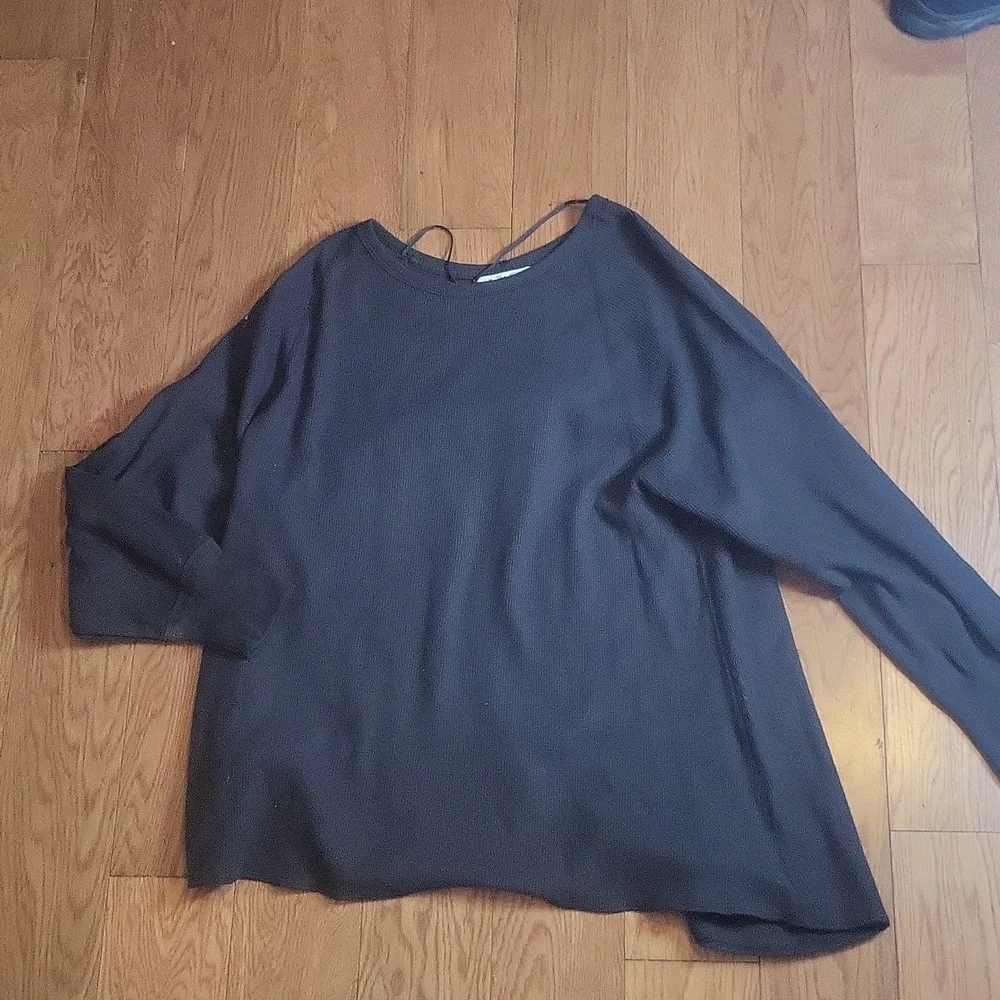 We The Free People Solid Black Waffle Knit Top Large Oversized A Line Swing - Picture 2 of 7